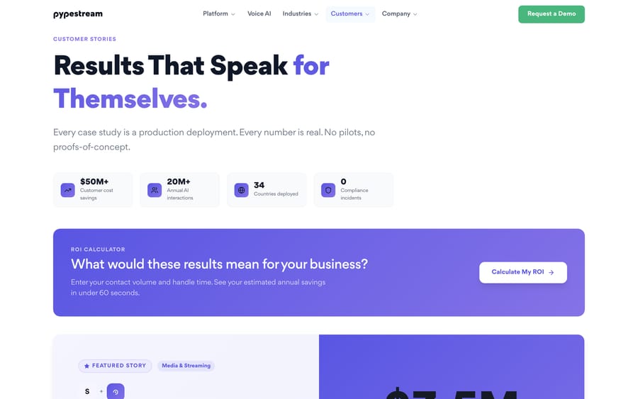 Pypestream's customer stories page, showing $50M+ in customer cost savings and 34 countries deployed.