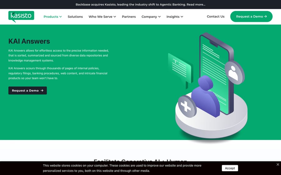 Kasisto's KAI Answers: generative AI answering from internal policies and filings, with citations.