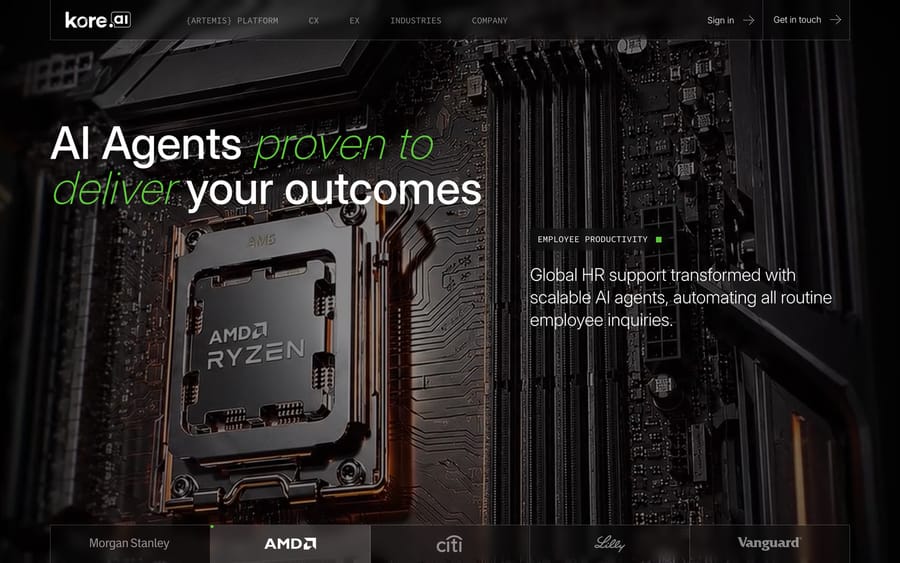Kore.ai's homepage, "AI Agents proven to deliver your outcomes," naming Morgan Stanley, AMD, and Citi.