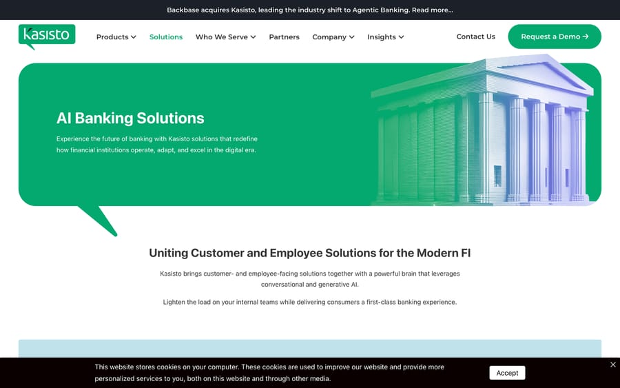 Kasisto's Solutions page: "AI Banking Solutions," aimed at financial institutions.