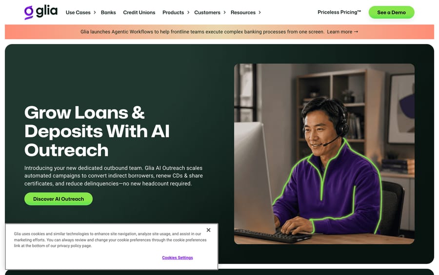 Glia's homepage: "Grow Loans & Deposits With AI Outreach," its own banking-focused AI platform pitch.