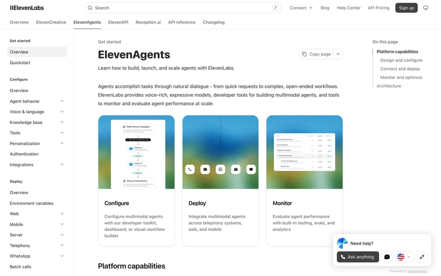 ElevenLabs agents docs: a workflow builder with a debit-account subagent and an analytics dashboard.