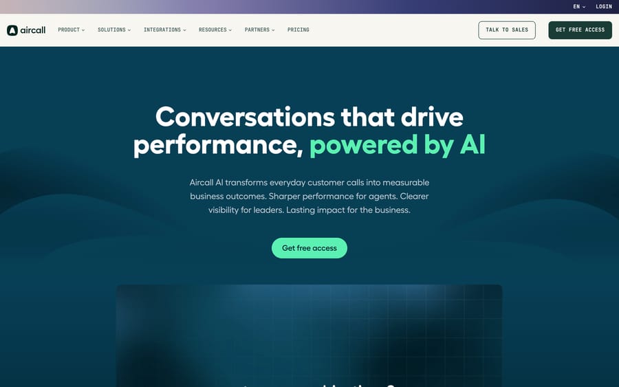 Aircall's AI overview page, listing AI Voice Agent, AI Assist, and AI Assist Pro as its three core AI products.