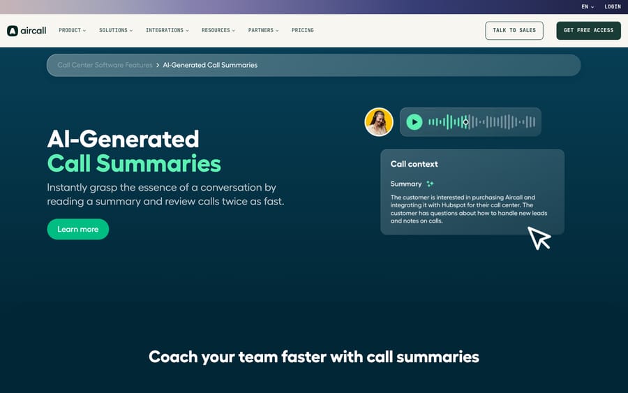 Aircall's AI-Generated Call Summaries feature page, showing a summary card built from a real call recording.