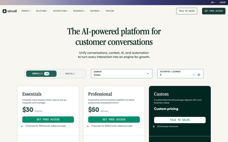 Aircall's pricing page showing Essentials at $30/license and Professional at $50/license.