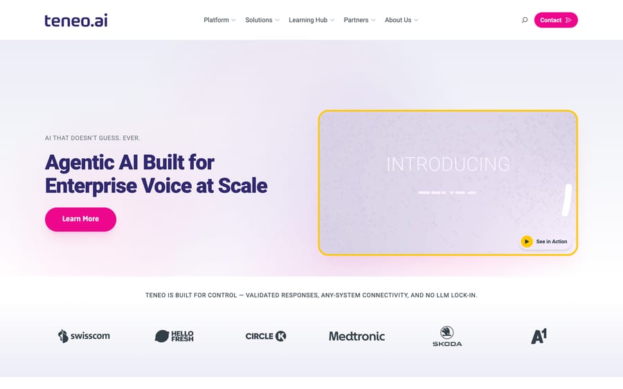 Teneo.ai's homepage: "Agentic AI Built for Enterprise Voice at Scale," with customer logos.
