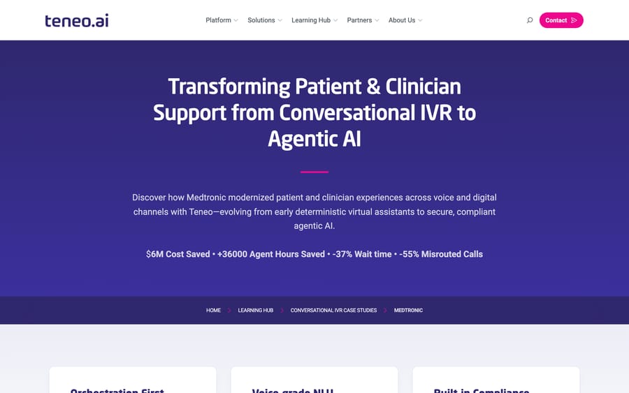 Teneo's Medtronic case study: $6M cost saved, 36,000 agent hours saved, -37% wait time.