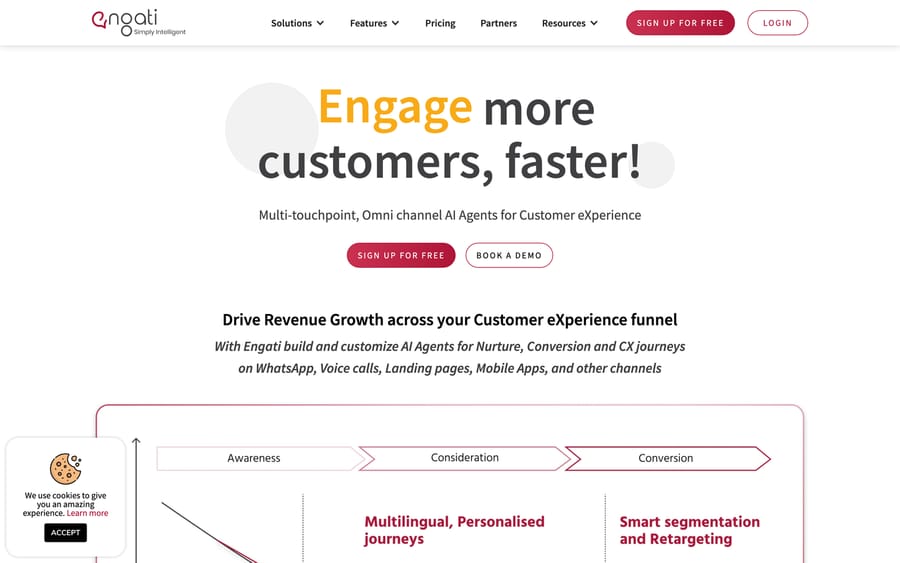 Engati's homepage: "Engage more customers, faster!" — multi-touchpoint, omnichannel AI Agents for Customer eXperience.