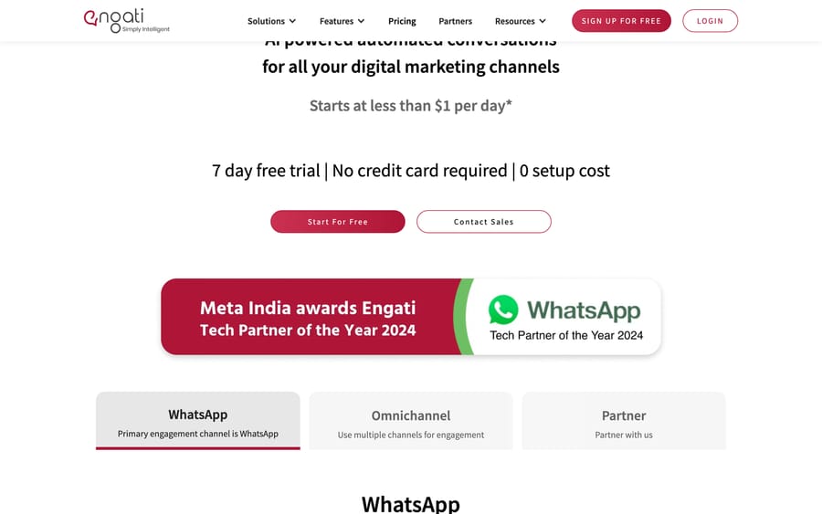Engati's pricing page: starting under $1/day, with a 7-day free trial and no credit card.