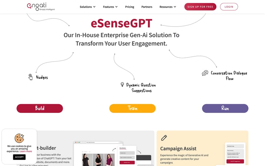 Engati's eSenseGPT page: "In-House Enterprise Gen-AI," built through a Build, Train, Run workflow.