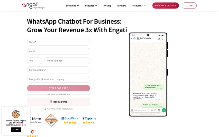 Engati's WhatsApp page: a hospital booking mockup, with Meta, Capterra, and G2 rating badges.