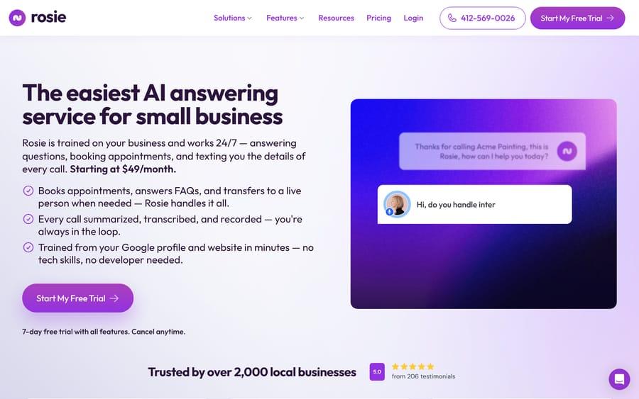 Rosie's homepage: "The easiest AI answering service for small business," from $49/month.