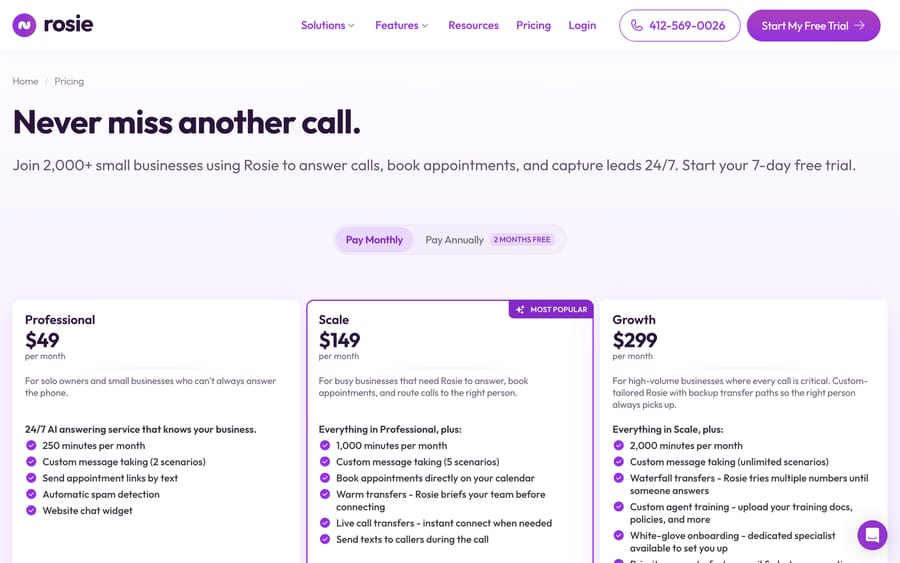 Rosie's pricing: Professional $49/month, Scale $149/month, Growth $299/month, minutes included.