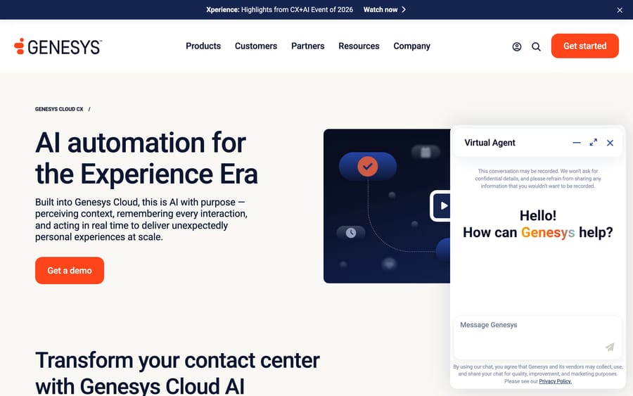Genesys's AI and automation capabilities page describing Virtual Agent, Agent Copilot, Predictive Routing, and AI Studio.