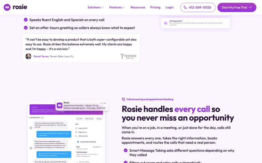 Rosie's call transcript and booking panel: a kitchen-remodel quote call, appointment created.