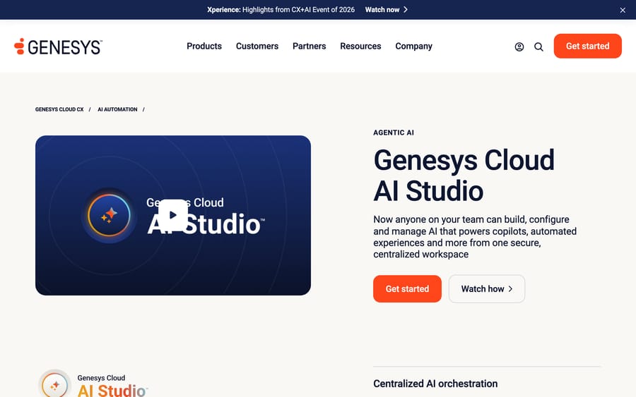 Genesys Cloud AI Studio's page, a no-code hub for building copilots and AI Guides.