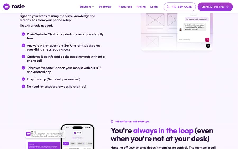 Rosie's chat widget and mobile app: a visitor asking about service areas, with a call notification.