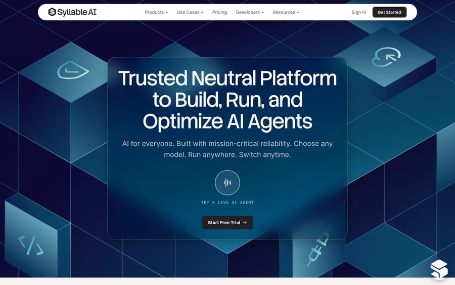 Syllable's homepage: "Trusted Neutral Platform to Build, Run, and Optimize AI Agents."