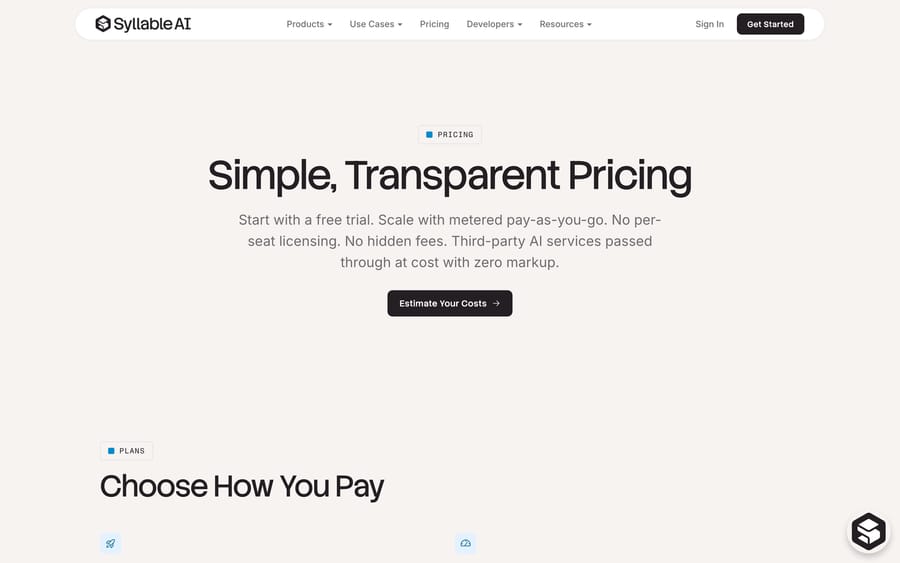 Syllable's pricing page: "Simple, Transparent Pricing," pay-as-you-go with third-party AI services passed through at cost.