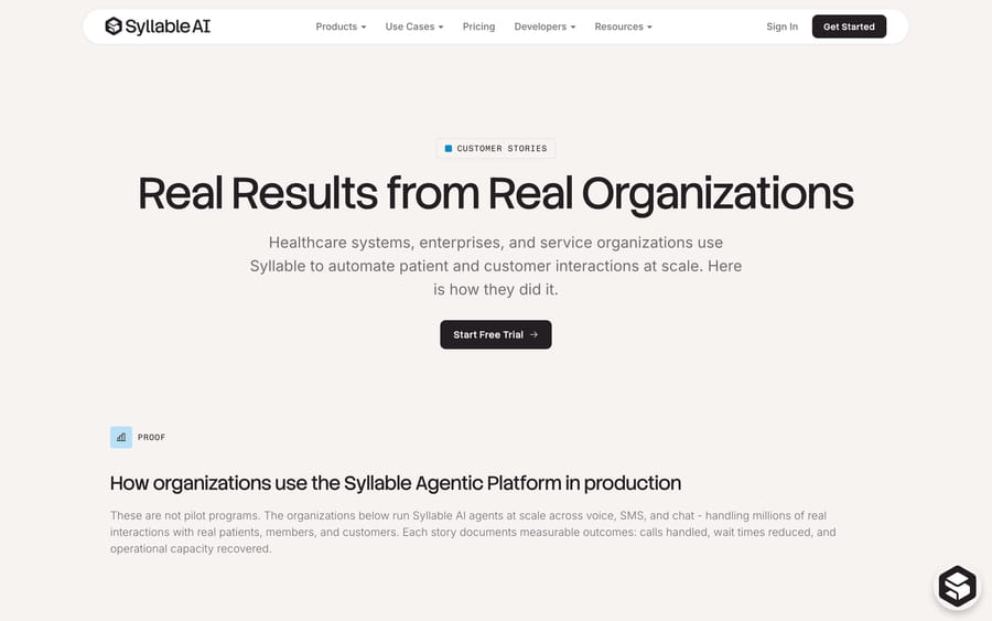 Syllable's customer stories page: "Real Results from Real Organizations," covering healthcare systems and enterprises.