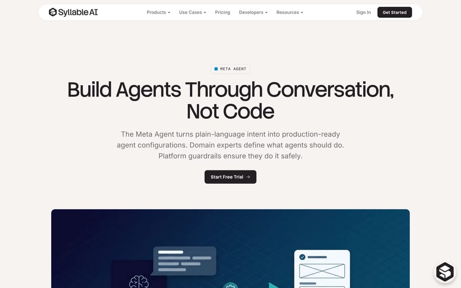 Syllable's Meta Agent Builder page, headlined about building agents through conversation instead of code.