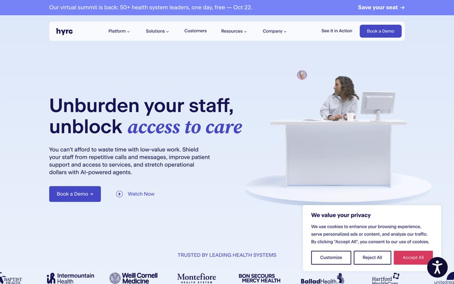 Hyro's homepage: "Unburden your staff, unblock access to care," naming Intermountain Health and Weill Cornell Medicine.