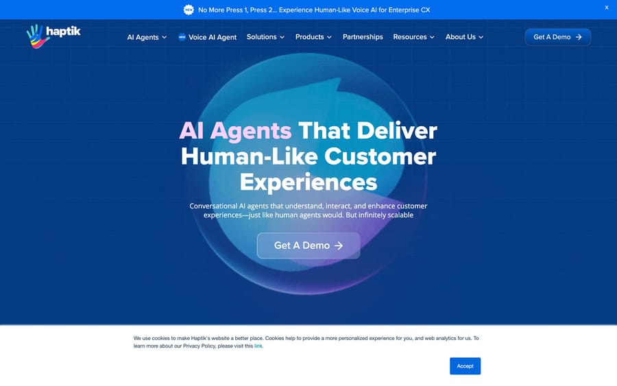 Jio Haptik's homepage: "AI Agents That Deliver Human-Like Customer Experiences," its tagline.