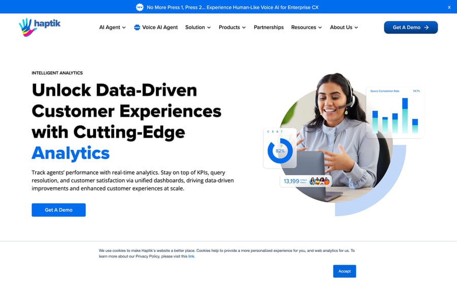 Haptik's Analytics page, showing an 82% CSAT score and a 74.7% query completion rate.