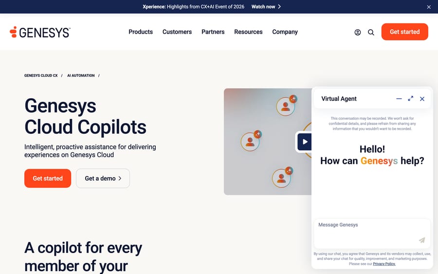 Genesys Cloud Copilots page, showing "a copilot for every member of your" team alongside a live Virtual Agent chat widget.