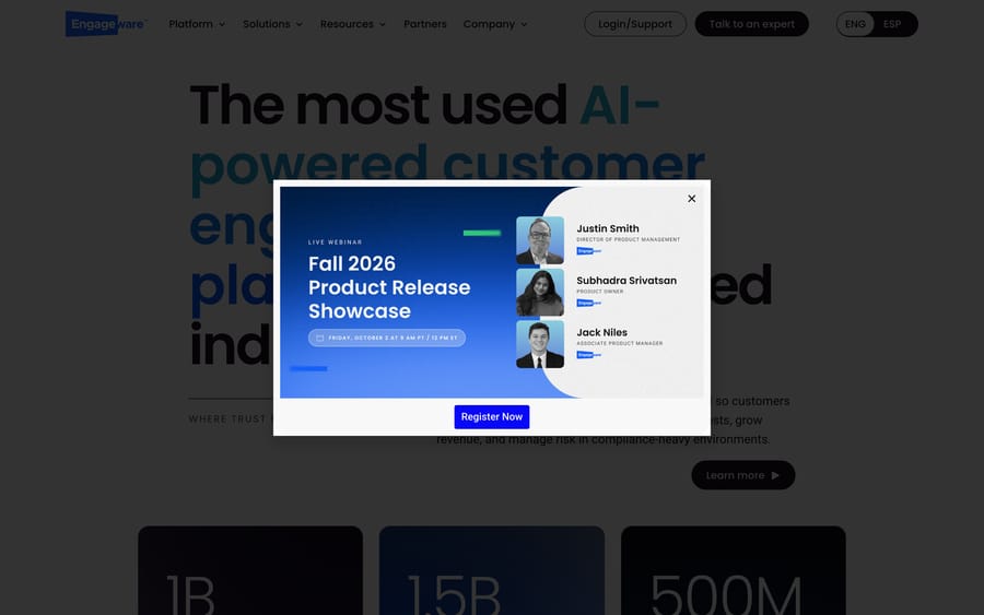 Engageware's homepage, the company that acquired Aivo: customer engagement AI for regulated industries.