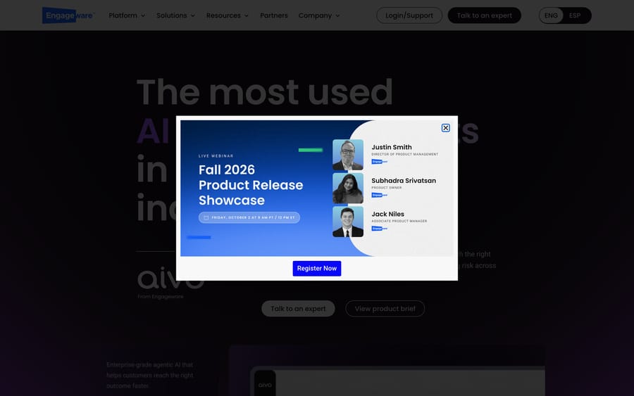 Aivo Suite's page on Engageware: agentic AI for regulated industries, with the Aivo logo and a screenshot.
