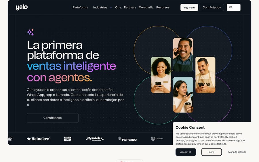 Yalo's homepage, a Latin-America-focused conversational commerce competitor to Aivo Suite.