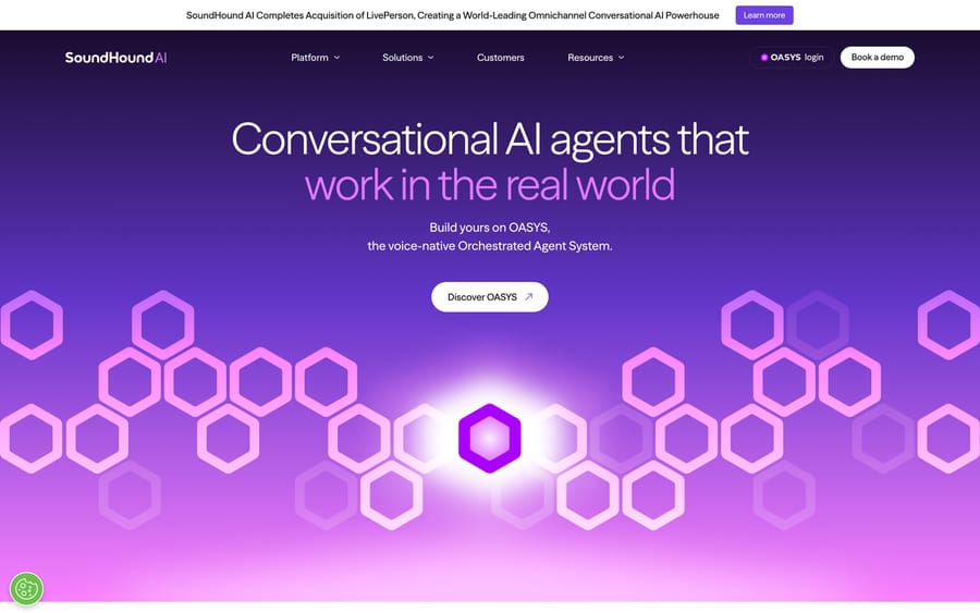 SoundHound's homepage: "AI agents that work in the real world," announcing the LivePerson acquisition.