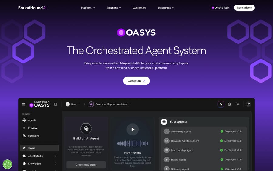 SoundHound's OASYS dashboard: deployed agents like Answering, Billing, and Shipping, each versioned.
