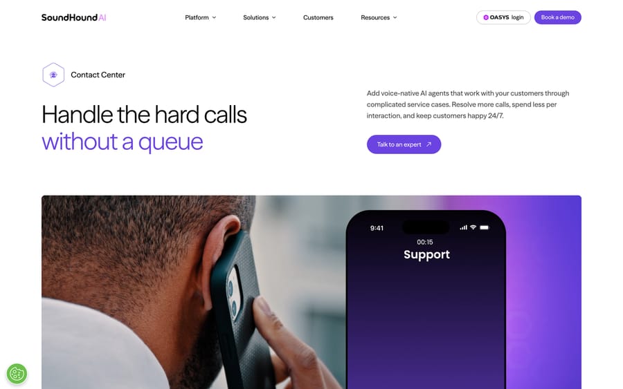 SoundHound's Contact Center page: "Handle the hard calls without a queue," with voice-native agents.