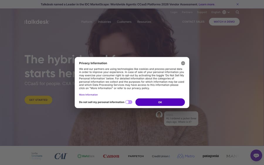 Talkdesk's homepage: "The hybrid workforce starts here," with named customers including Canon, Farfetch, and Patagonia.