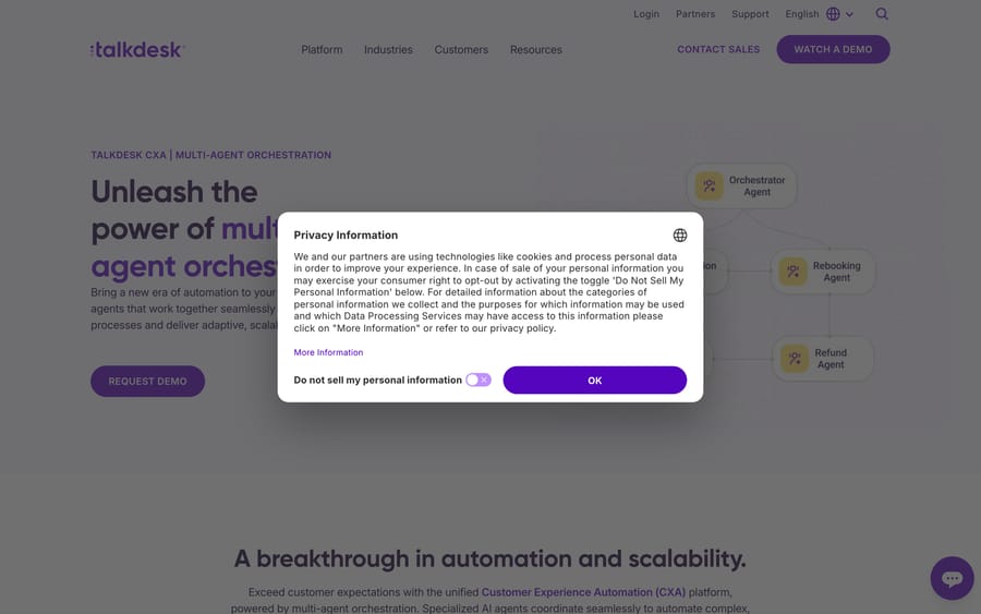 Talkdesk's multi-agent orchestration page, showing an Orchestrator Agent routing to Rebooking and Refund agents.
