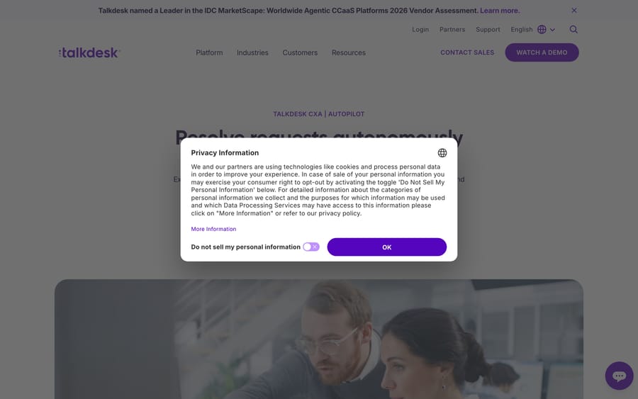 Talkdesk's Autopilot page: "Resolve requests autonomously," part of Talkdesk CXA.