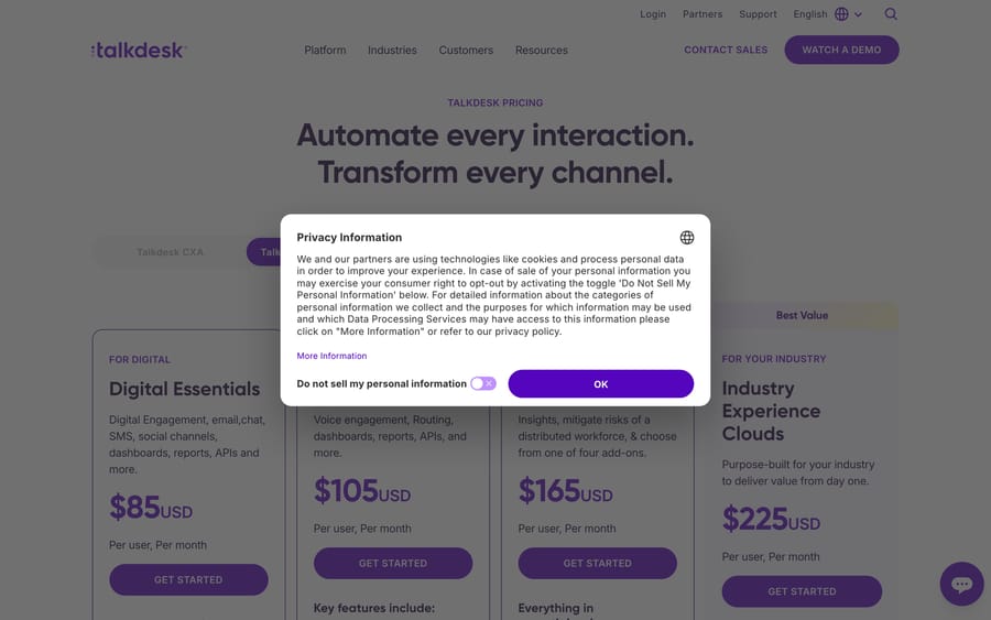 Talkdesk's pricing page, listing four per-user monthly tiers from $85 to $225.
