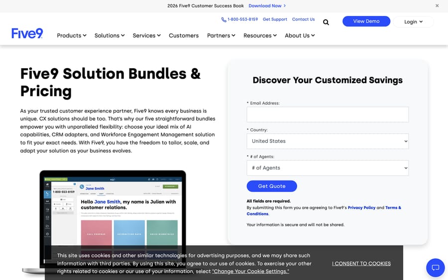 Five9's pricing page, showing an agent desktop with Call Purpose, Interaction Data, and Voice Biometrics panels.