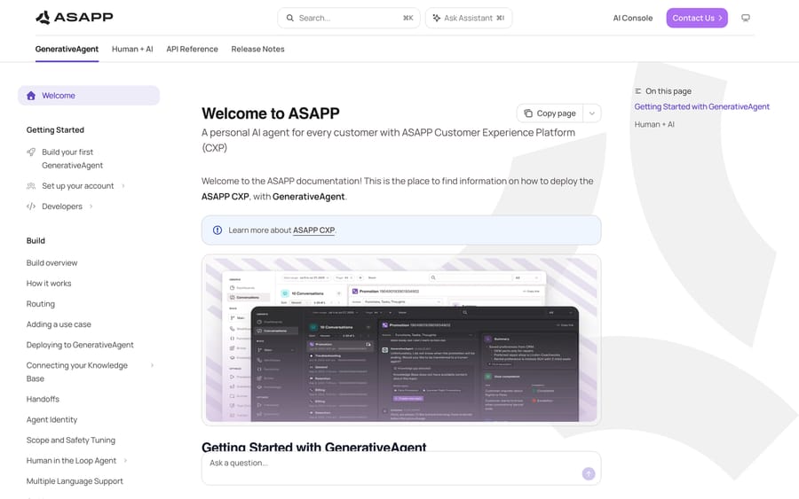 ASAPP's docs showing its console: a conversation list, summary panel, and goal completion.