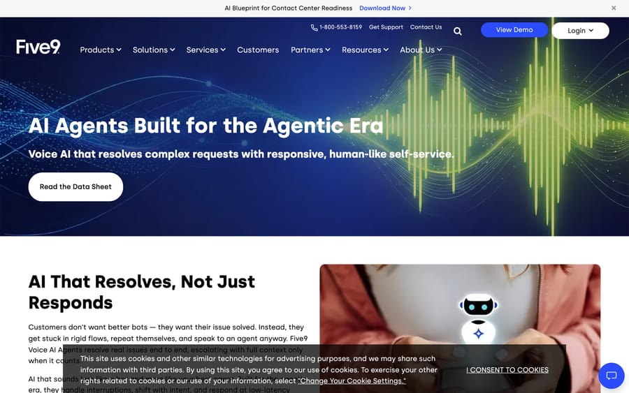 Five9's AI Agents page: "Voice AI that resolves complex requests with human-like self-service."