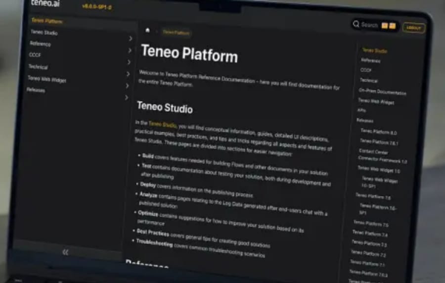 Teneo's documentation site, showing the Teneo Platform reference guide in its sidebar.