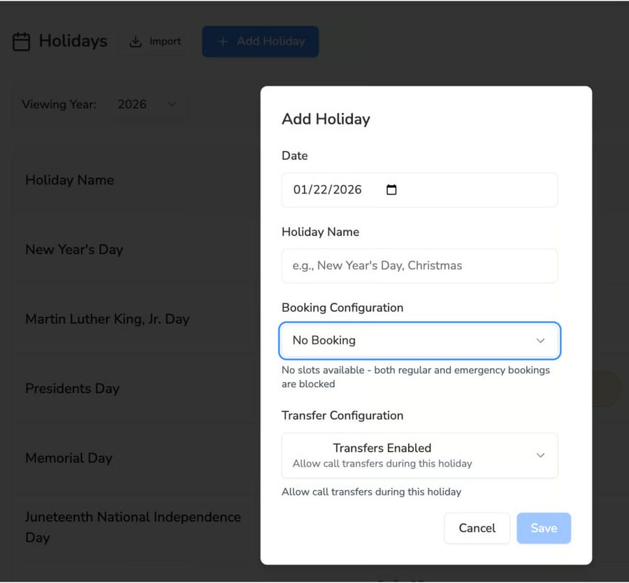 Avoca's Add Holiday modal, configuring booking and transfer rules for a specific date.