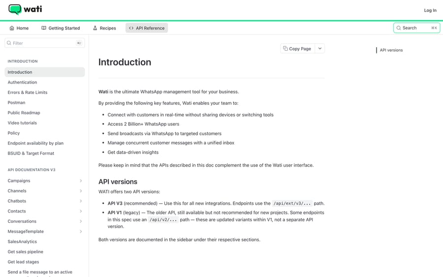 Wati API docs sidebar, listing endpoint categories: Campaigns, Channels, Chatbots, Conversations.