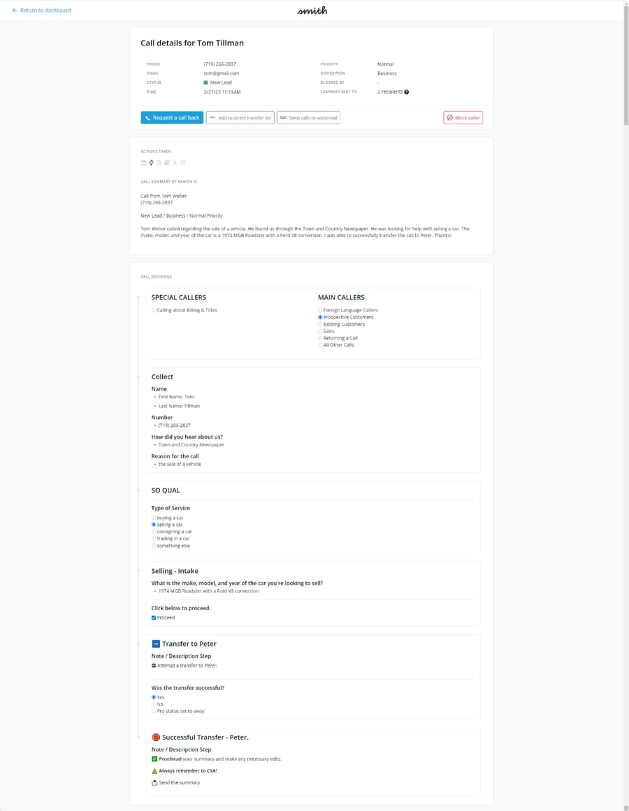 Smith.ai's call-detail record for a real caller, with intake questions and call disposition.