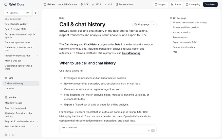 Retell's docs sidebar, listing real dashboard sections: call history, monitoring, and analytics.