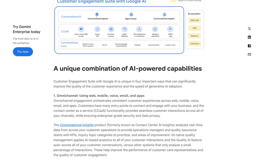 Google's Customer Engagement Suite architecture: Conversational AI, CCaaS and Conversational Core layers.