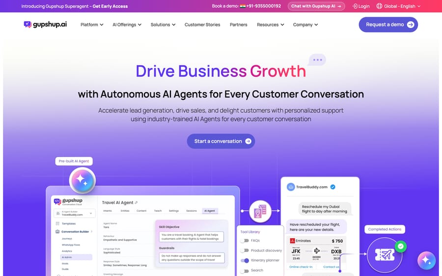 Gupshup's homepage: "Drive Business Growth with Autonomous AI Agents," showing a live travel-booking agent conversation.