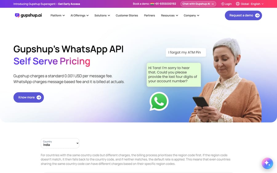 Gupshup's WhatsApp API self-serve pricing page: "Gupshup charges a standard 0.001 USD per message fee."